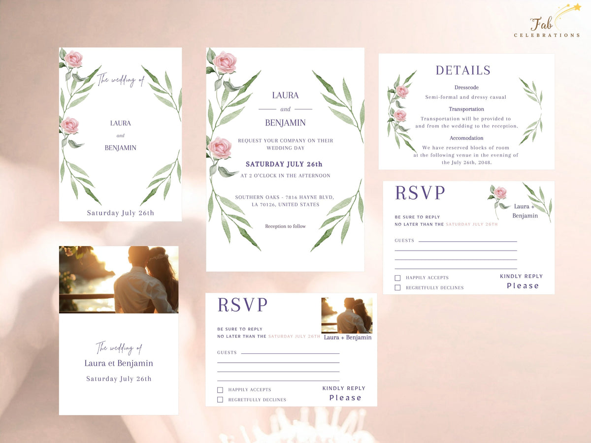 Wedding Invitation Set — Editable Pink Rose Canva Templates Collection