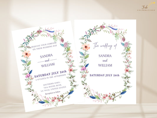 Wedding Invitation Template shown with the invitation front and coordinated text back, featuring a romantic watercolor-inspired floral wreath and elegant editable typography for a cohesive two-sided design.