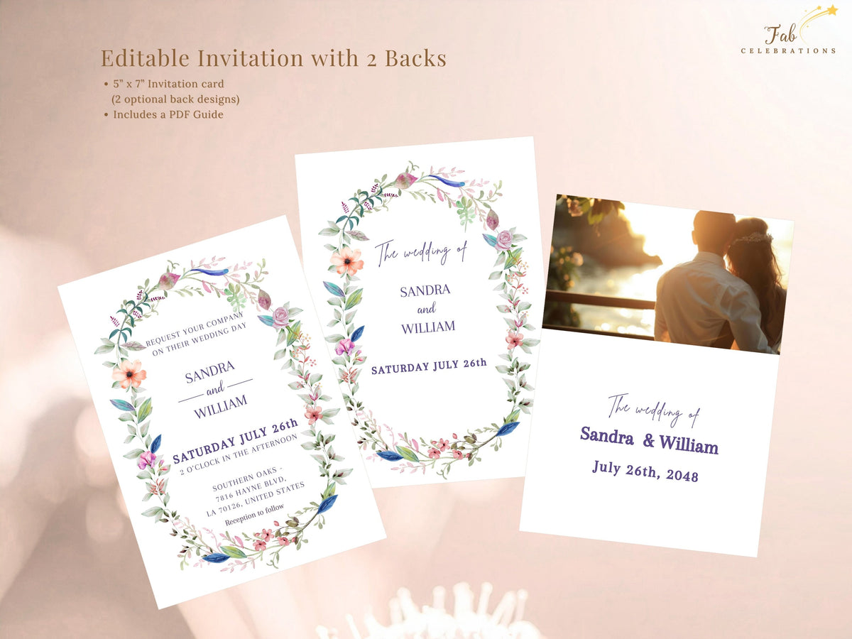 Romantic floral invitation front with two coordinating back options, including an editable photo layout, designed with matching watercolor flowers and delicate leafy botanical accents.