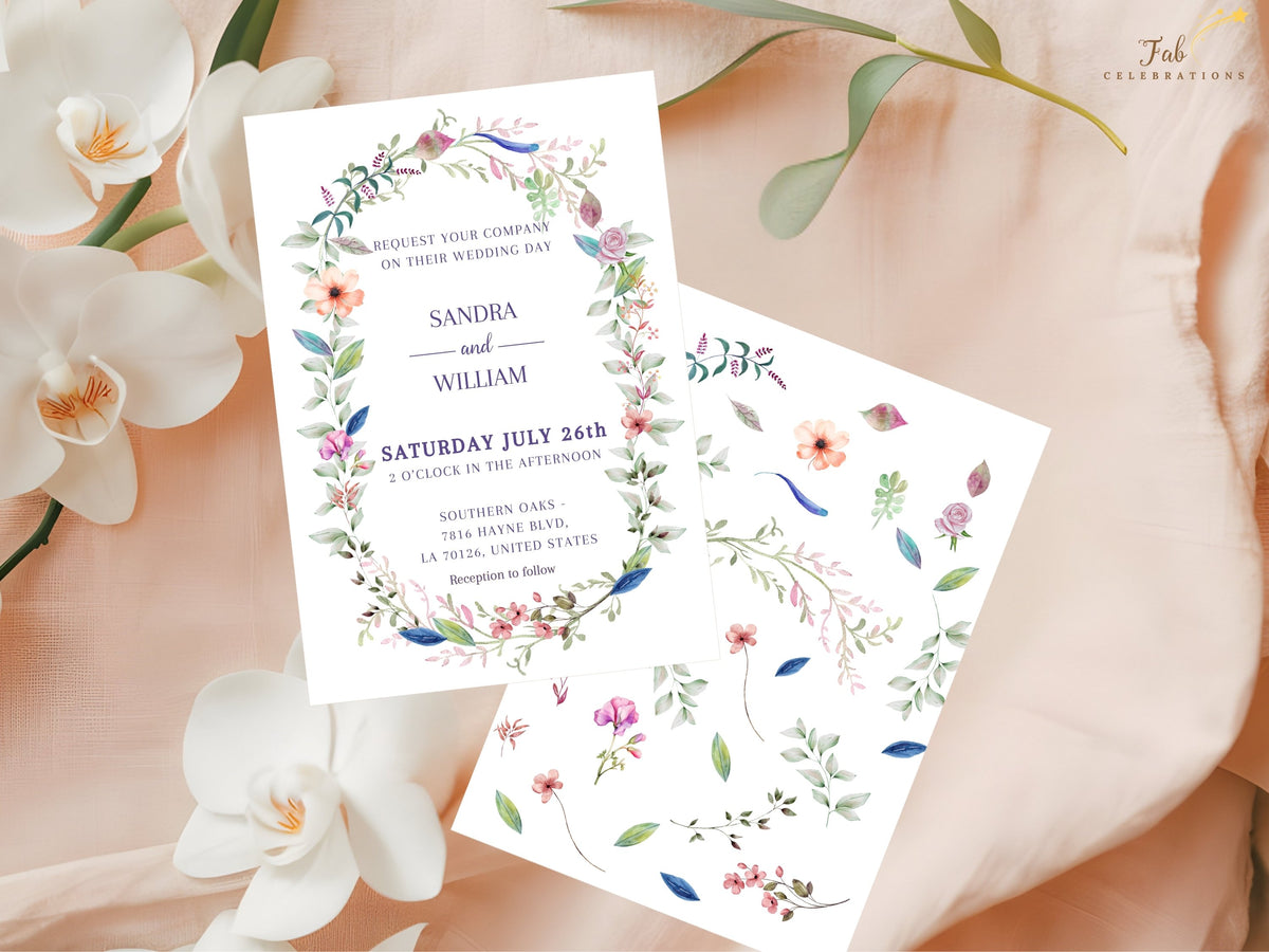 Floral wedding invitation displayed alongside the watercolor flowers and botanical elements used to create the design, with pink, peach, blue and green details throughout.