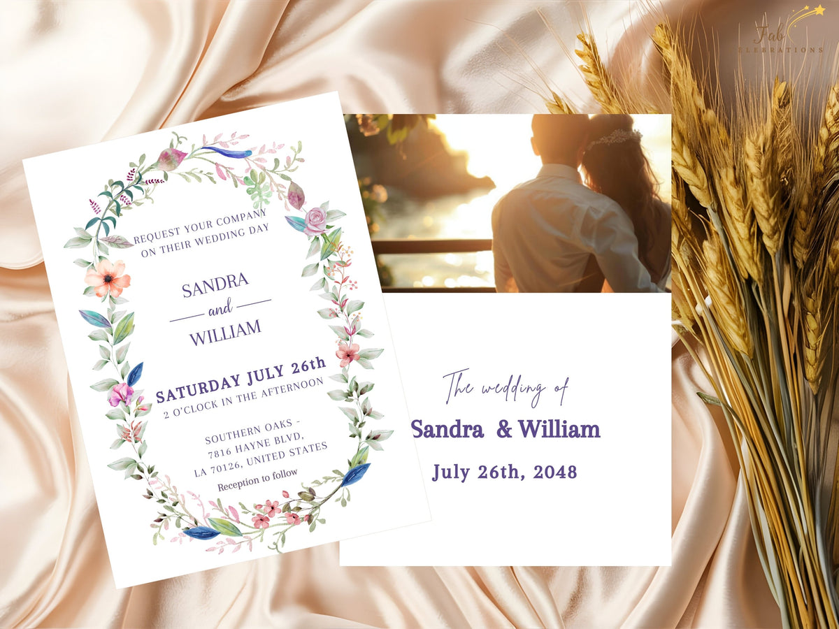 Wedding Invitation Template paired with a coordinating photo back, featuring romantic watercolor florals and botanical details with an editable area for a favorite couple photo.