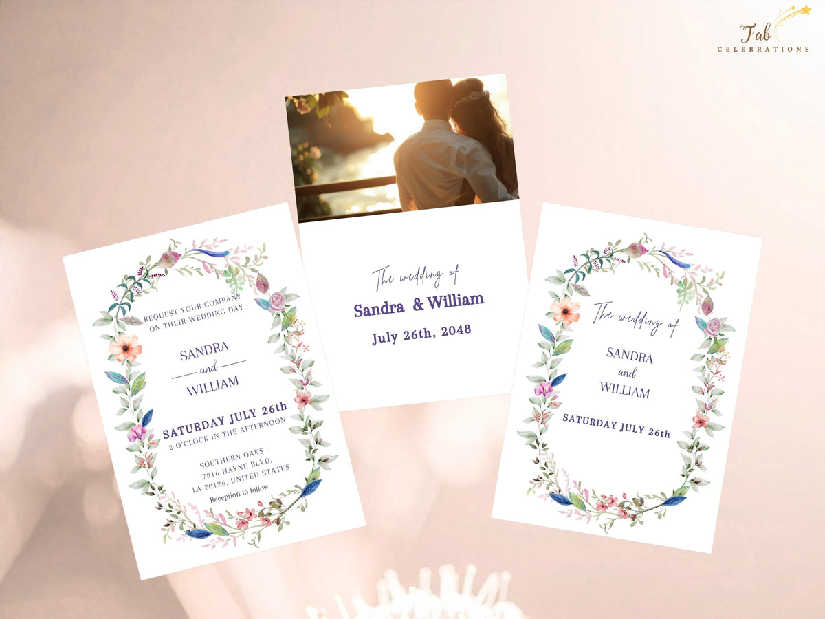 Wedding invitation front displayed with two coordinating back designs, including one with a customizable photo area and matching watercolor floral and botanical details.