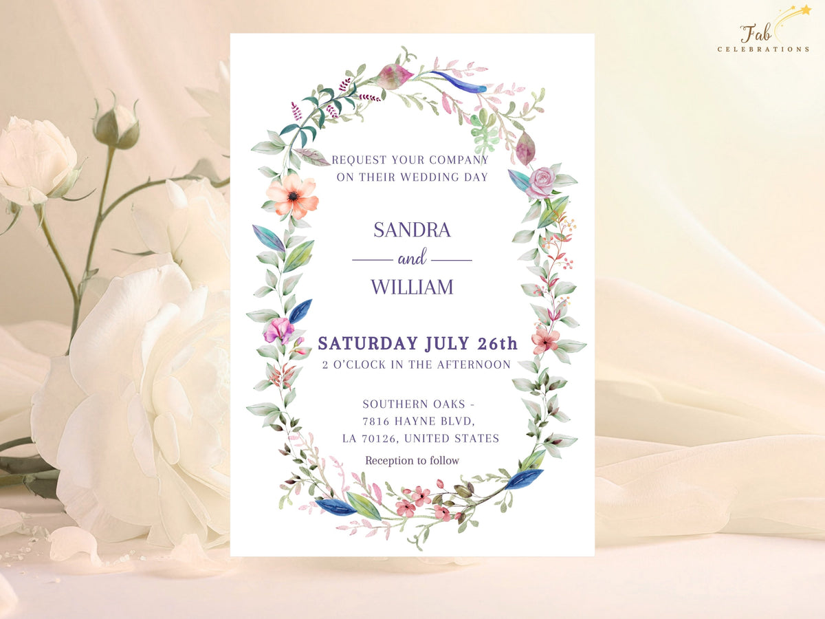 Wedding Invitation Template featuring a romantic watercolor floral wreath with pink, peach and blue flowers, leafy greenery and elegant purple typography on a clean background.