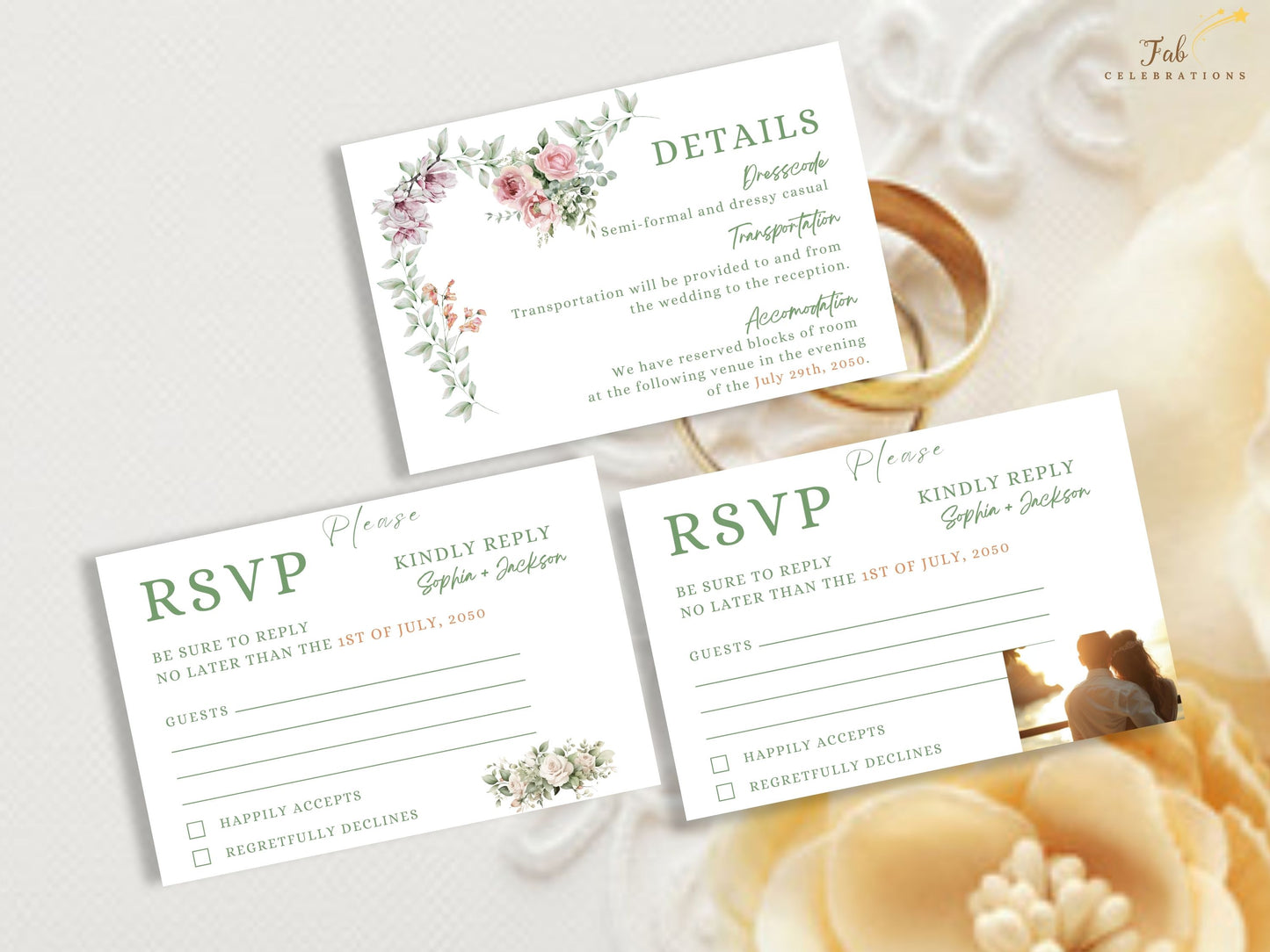 Wedding Invitations Set including customizable Canva templates for invitation, RSVP, and details cards — ideal for couples planning a refined and romantic event.