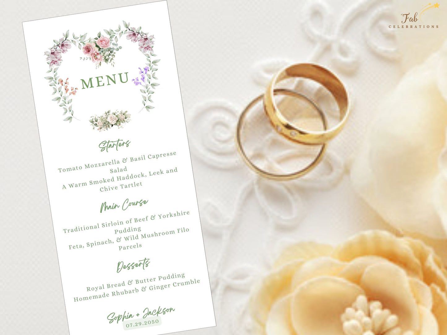 Canva-based Wedding Invitations Set with elegant gold text and floral designs, offering a seamless way to personalize every detail of your wedding day.