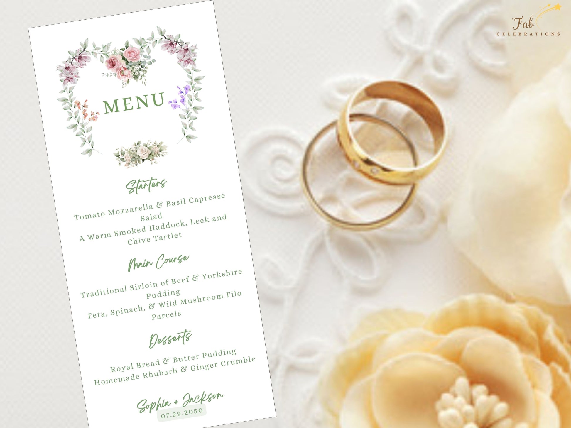 Canva-based Wedding Invitations Set with elegant gold text and floral designs, offering a seamless way to personalize every detail of your wedding day.