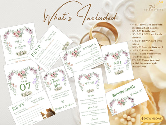 Wedding Invitations Set with editable floral Canva templates featuring red and white roses, black background, and golden accents — a refined suite for elegant celebrations.