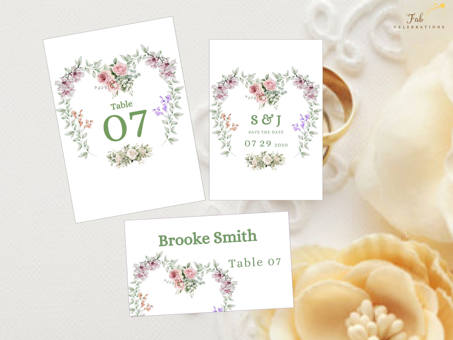 Elegant Wedding Invitations Set with matching templates for key wedding elements, designed for Canva and perfect for couples seeking charm and harmony.