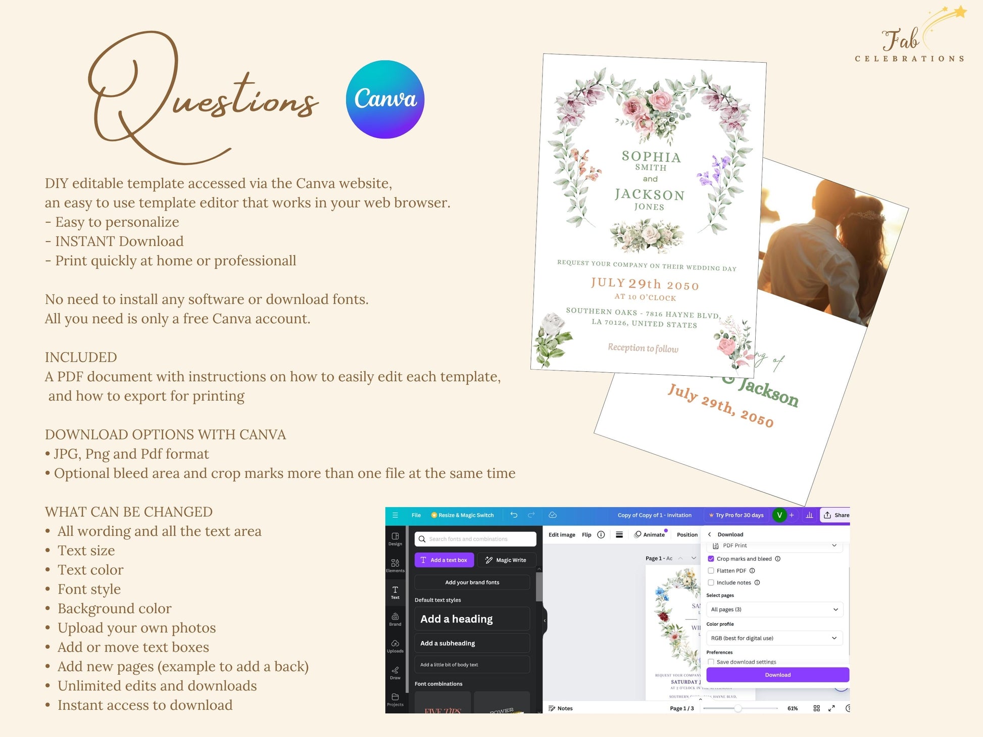 Wedding Invitations Set in editable Canva format with floral design, ideal for creating a visually stunning and coordinated suite for weddings and receptions.