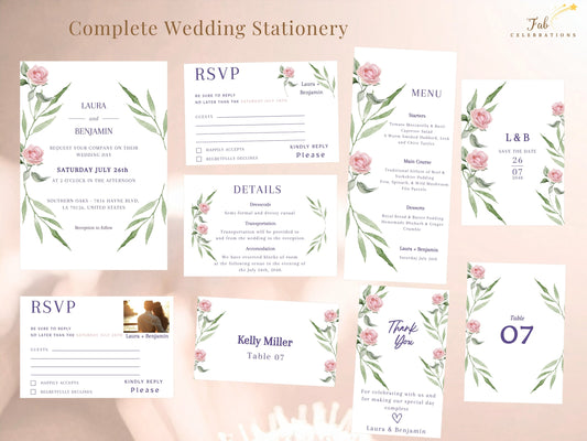 Wedding Invite Set showing the complete eleven-template collection with coordinated invitation, RSVP, details, save the date, table number, place card, menu and thank you designs.