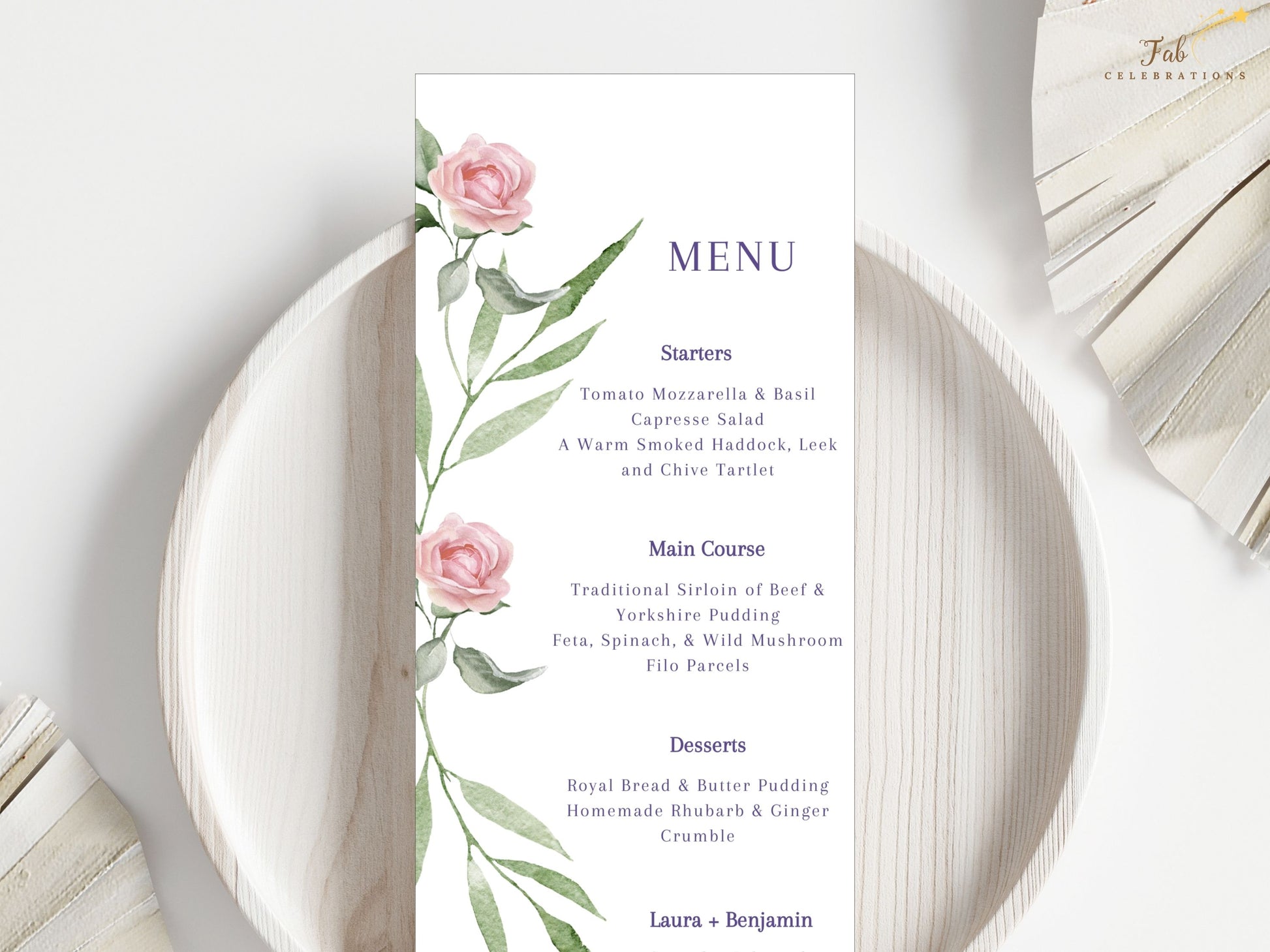 Floral wedding invite set with hand-painted roses and lush greenery — 11 customizable Canva templates for graceful, French-inspired wedding stationery suites.