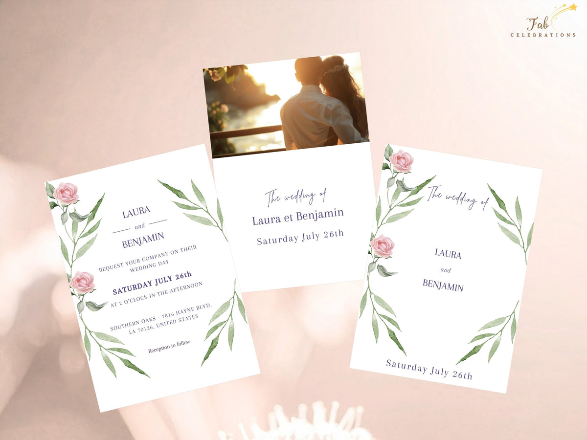 Wedding Invite Set featuring the invitation front with two coordinating back designs, including one editable photo layout with matching pink roses and graceful green botanical details.