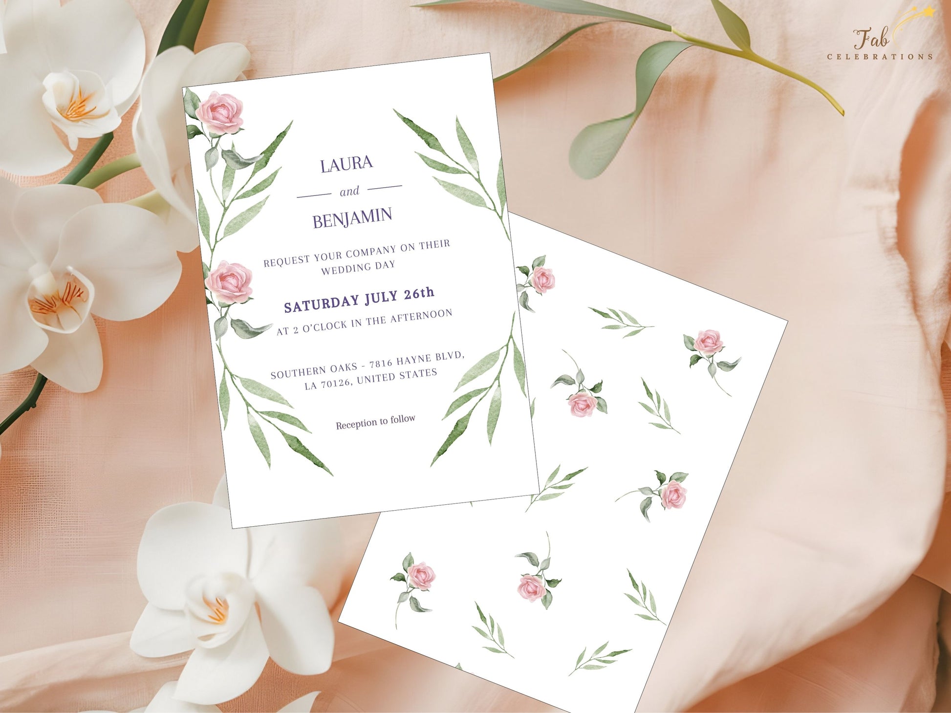 Complete wedding invite set in boho style with watercolor pink roses forming floral wreath — 11 editable Canva templates for couples seeking elegant coordination.
