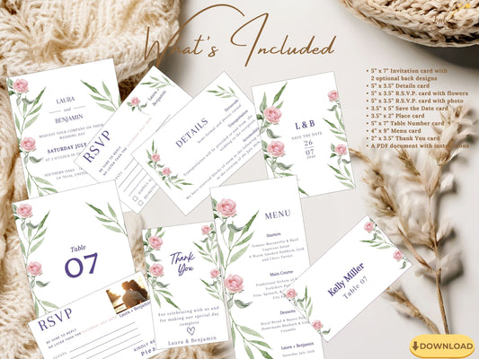 Wedding invite set featuring complete 11-template collection with pink watercolor roses and sage greenery — editable Canva suite for romantic, coordinated wedding stationery.