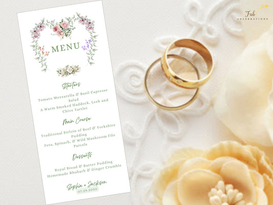 Wedding menu template editable in Canva with romantic floral artwork, perfect for announcing your reception dishes with elegance and poetic wedding charm.