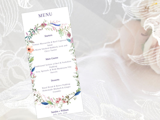 Wedding menu template boho floral design with watercolor elements, editable Canva file with customizable food and drinks sections, printable for rustic receptions.
