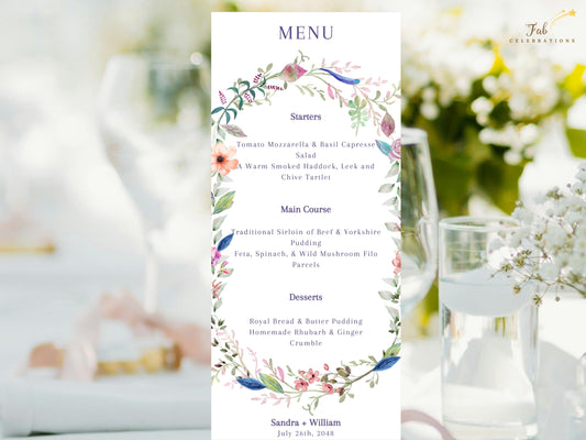 Wedding Menu Template featuring delicate watercolor-inspired flowers and greenery framing editable sections for starters, main course, desserts, and personalized wedding meal details.