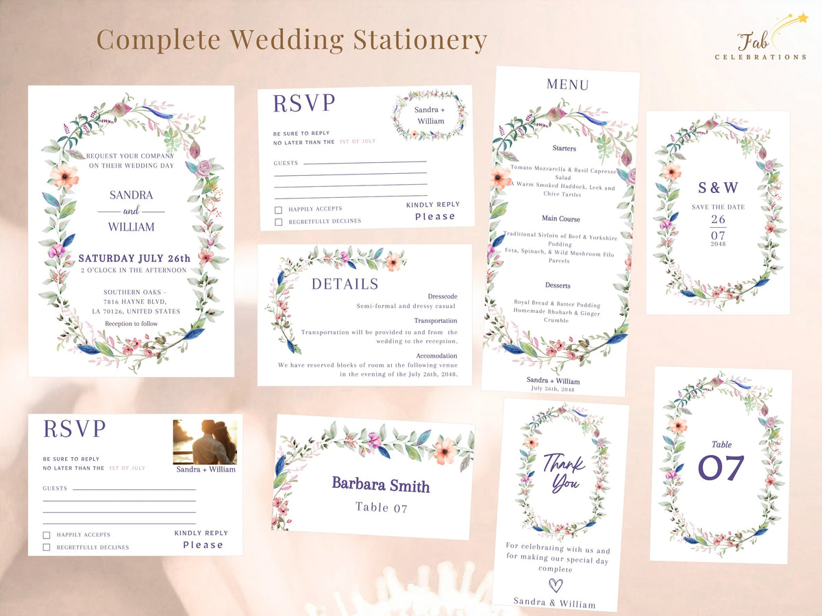 Wedding Menu Template shown within a complete collection of 11 coordinated editable Canva wedding stationery designs featuring romantic watercolor florals and matching botanical details.
