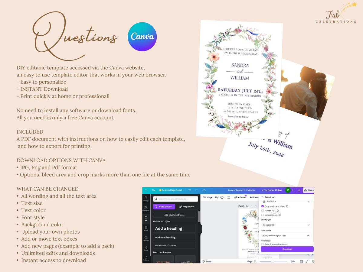 Canva wedding template help guide answering common questions about editing text, changing fonts and colors, replacing photos, downloading files, and personalizing every card with ease.