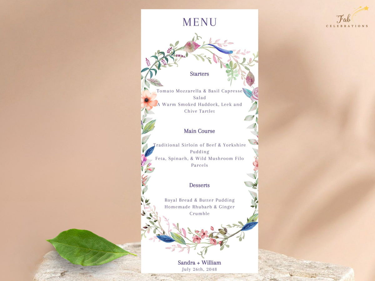 Floral wedding menu card featuring watercolor flowers, delicate leafy accents and elegant typography for presenting courses and dining details at the wedding reception.