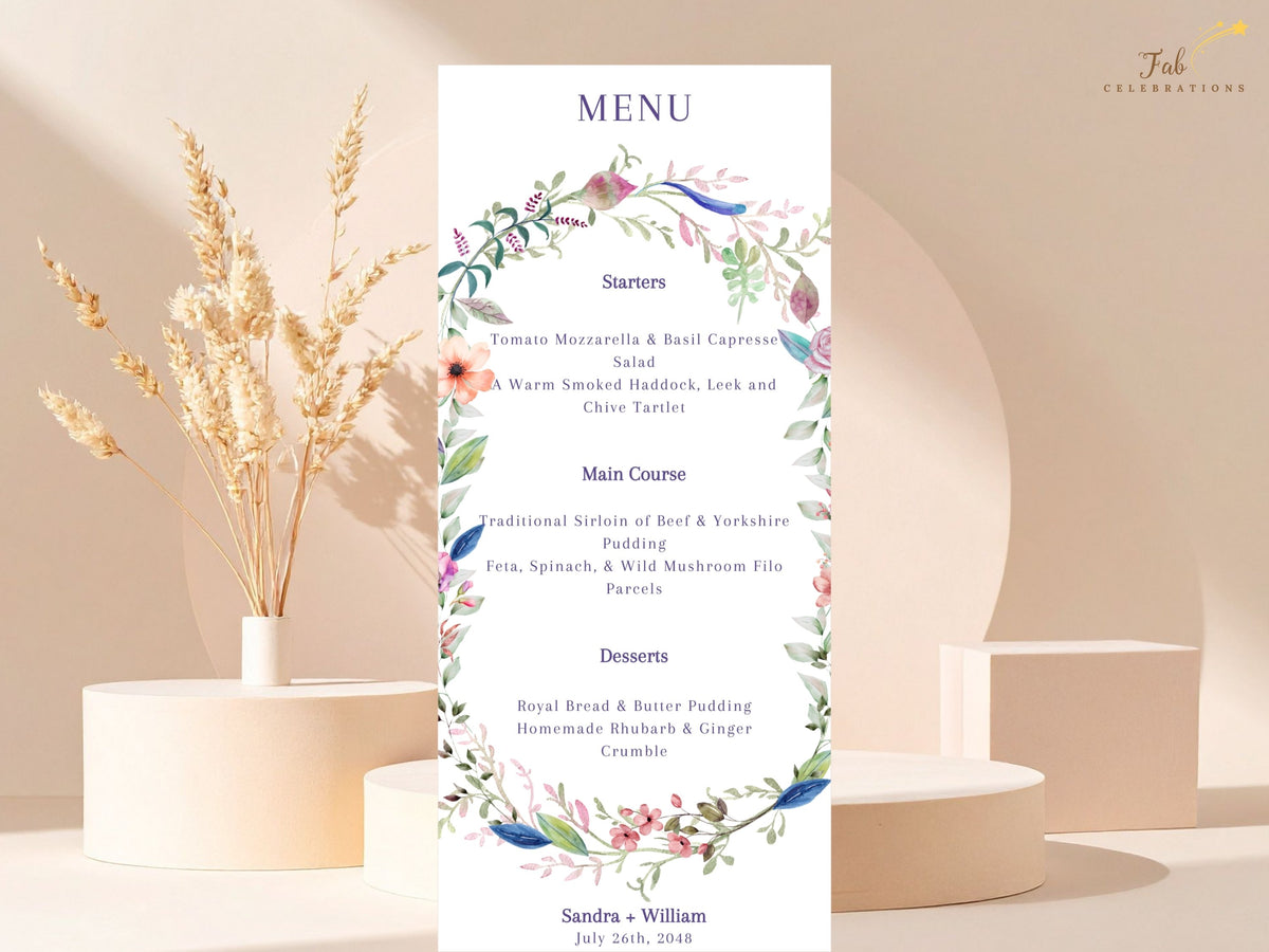 Wedding Menu Template with romantic watercolor botanical details and elegant typography, designed to coordinate beautifully with matching floral wedding stationery.