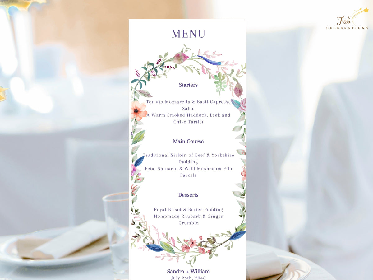 Wedding Menu Template featuring romantic watercolor flowers in pink, peach and blue with delicate green foliage and elegant typography for displaying the wedding meal.