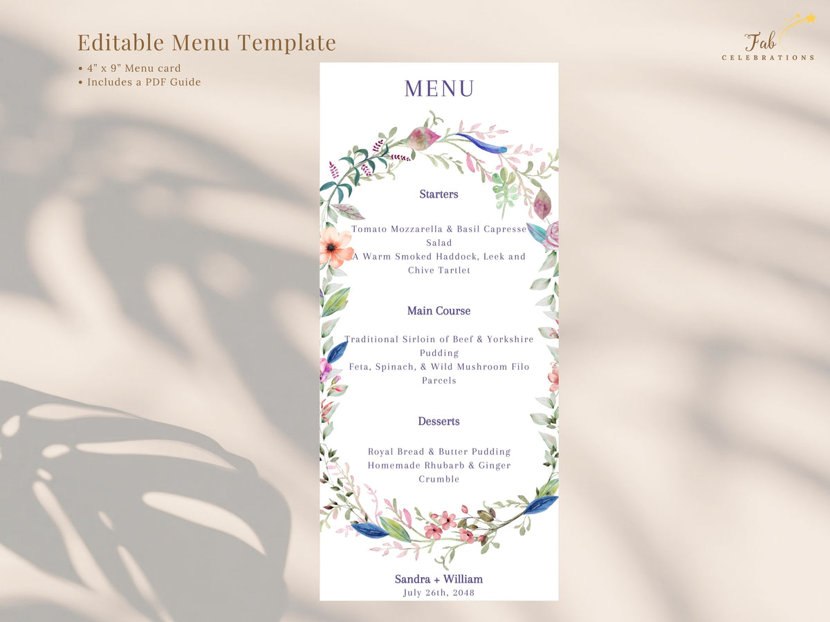 Romantic wedding menu card decorated with colorful watercolor flowers, delicate botanical greenery and elegant typography for presenting the reception meal to wedding guests.