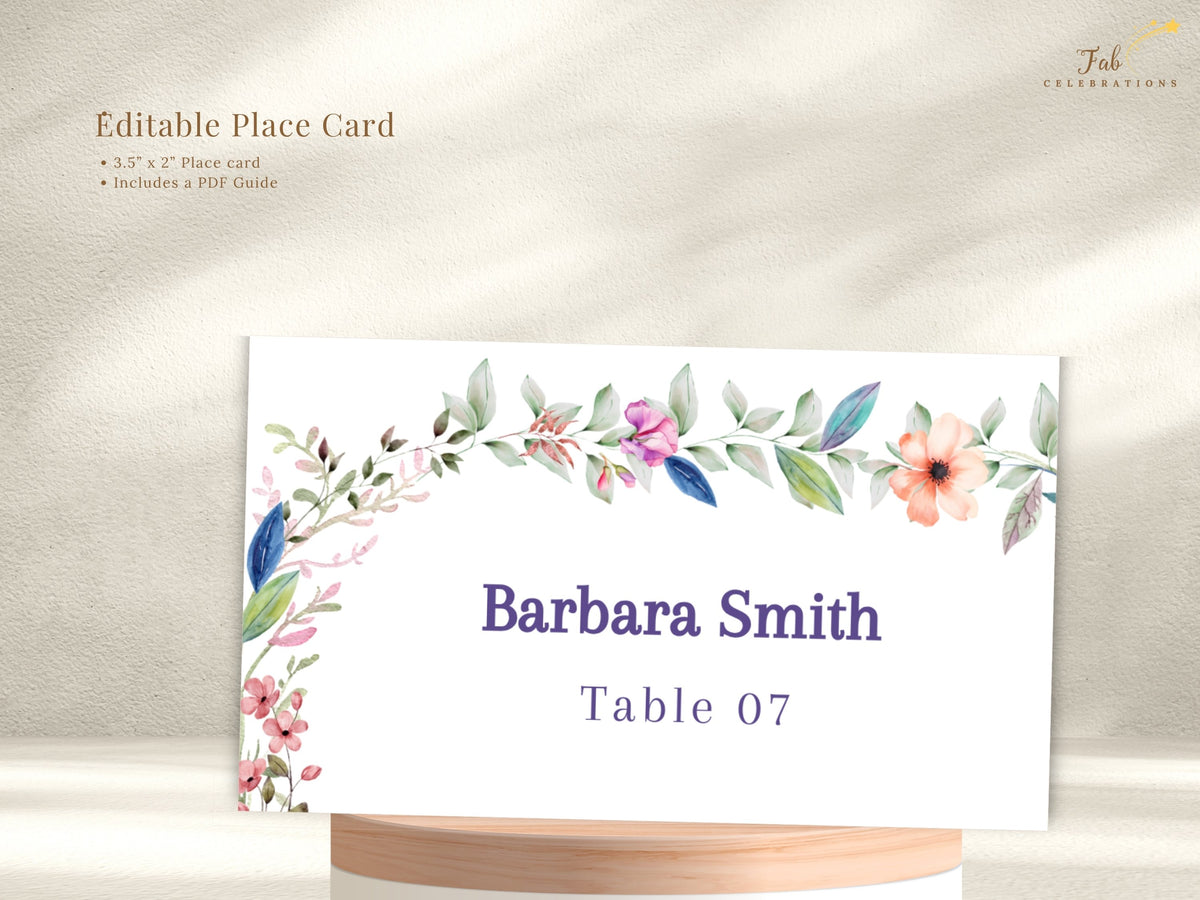 Editable floral wedding place card shown with descriptive text, featuring watercolor-inspired botanical details with a customizable guest name and table number.