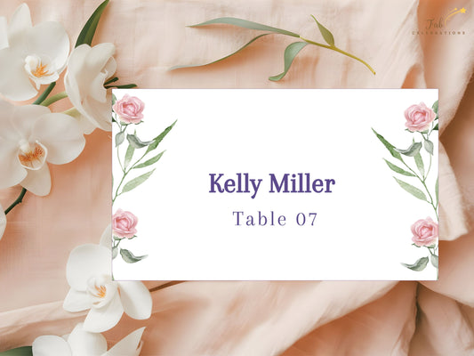Editable wedding place card with watercolor greenery and roses — Canva template for rustic chic, boho, and garden weddings seeking graceful seating.