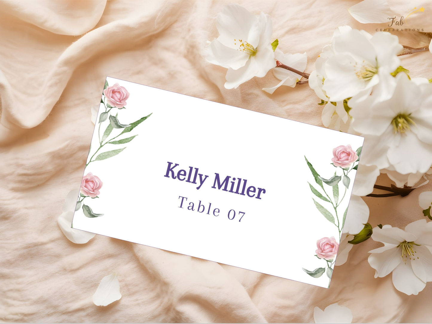Wedding place card template design with pink roses and refined typography — editable Canva template for thoughtful, poetic reception organization.