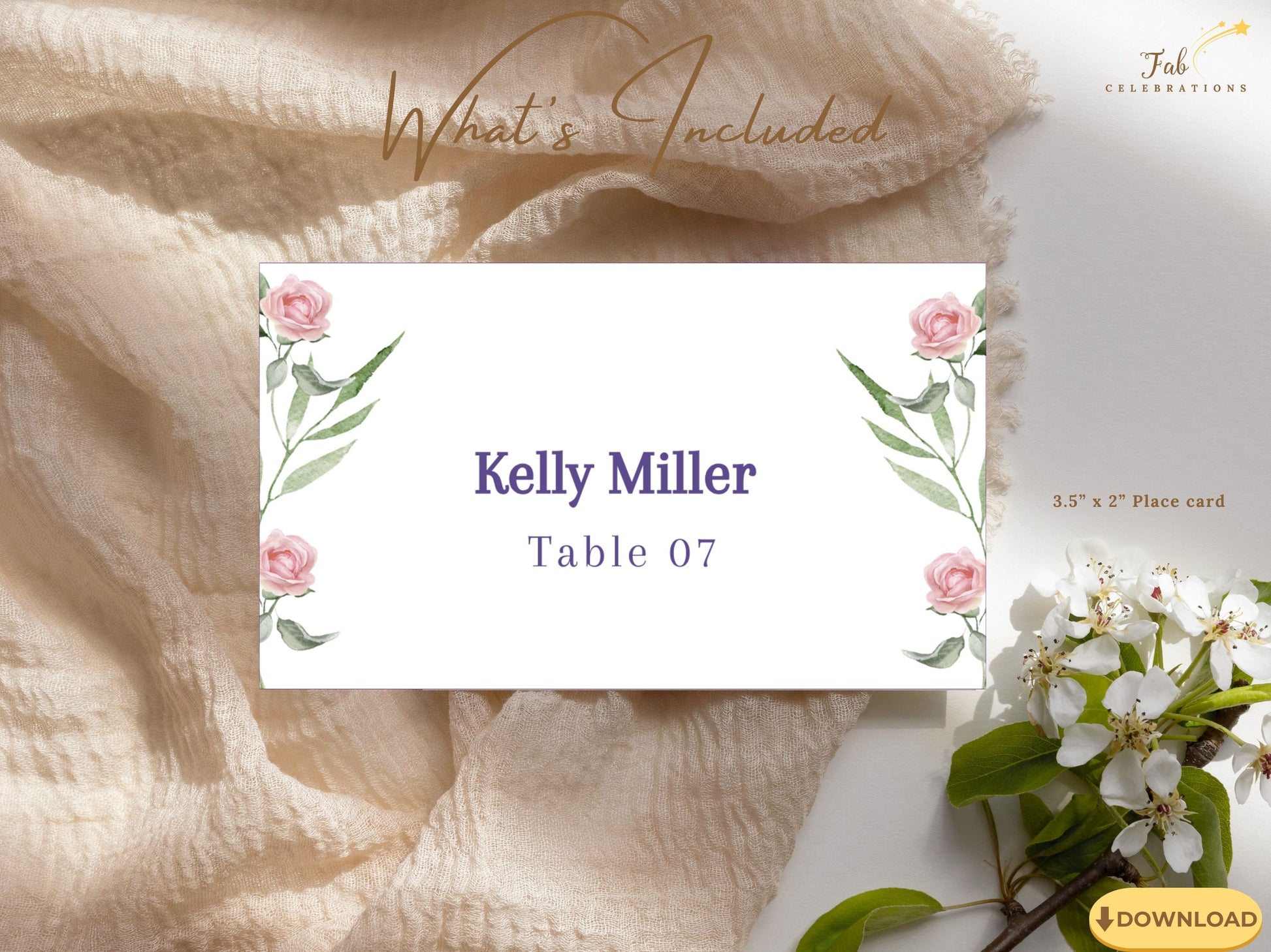 Elegant wedding place card template featuring blush watercolor roses — editable Canva design that welcomes guests with romantic botanical beauty.