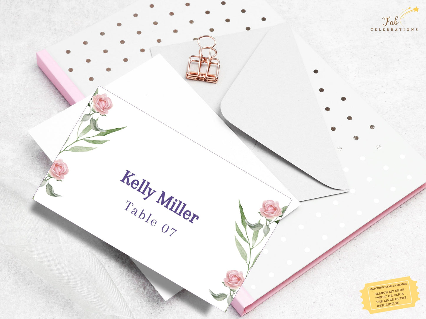 Printable wedding place card template with delicate pink rose florals — Canva design for couples seeking personalized, coordinated reception stationery.