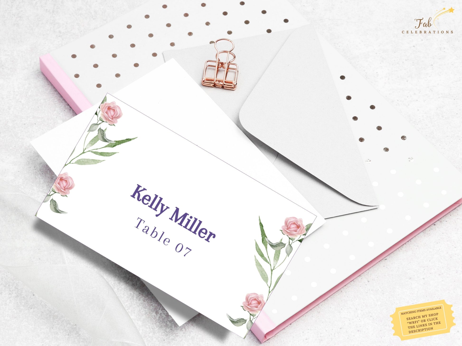 Printable wedding place card template with delicate pink rose florals — Canva design for couples seeking personalized, coordinated reception stationery.