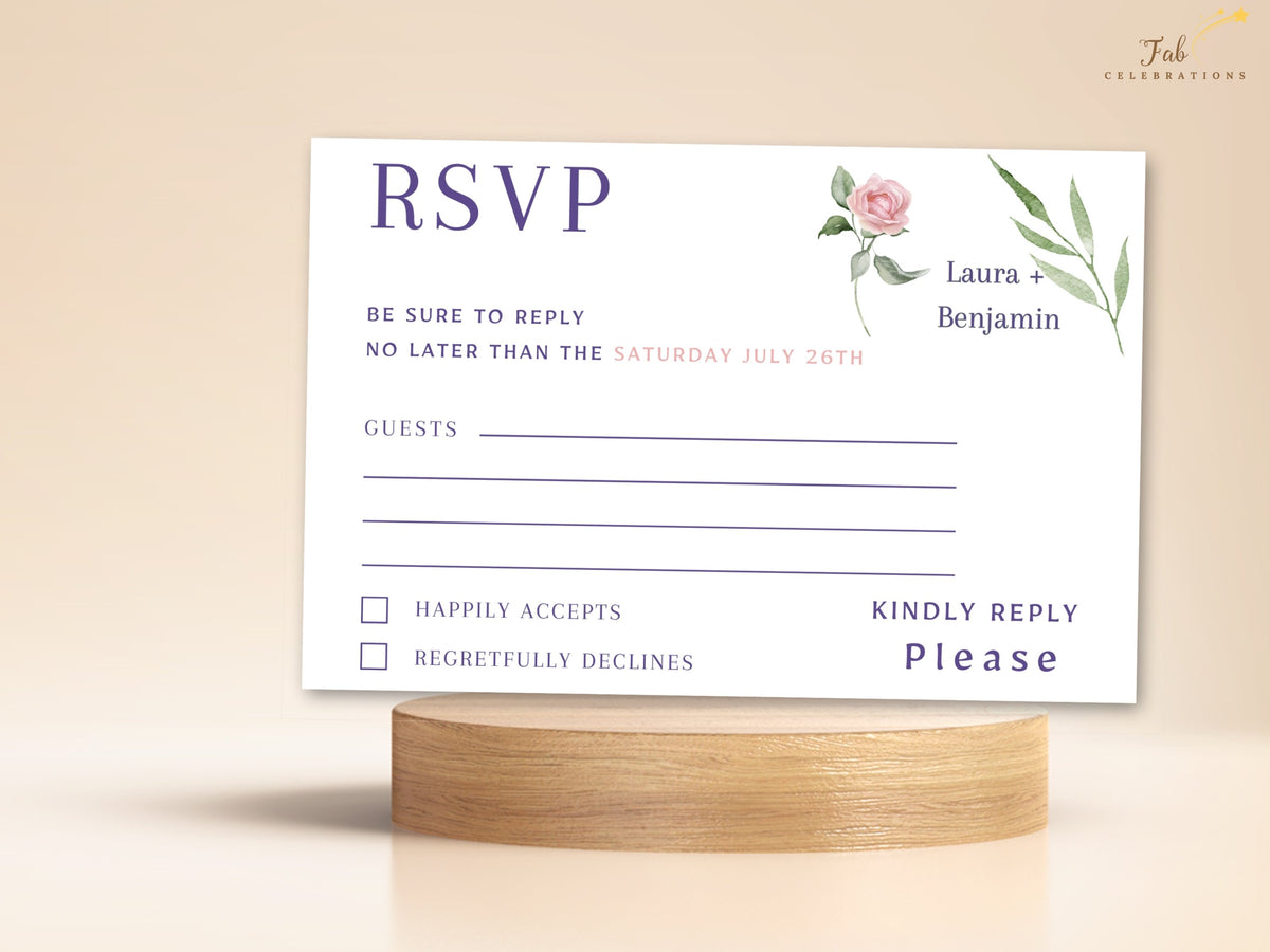 Wedding response card featuring watercolor-inspired blush pink roses and leafy green accents with refined purple RSVP lettering, guest lines and clearly organized attendance choices.