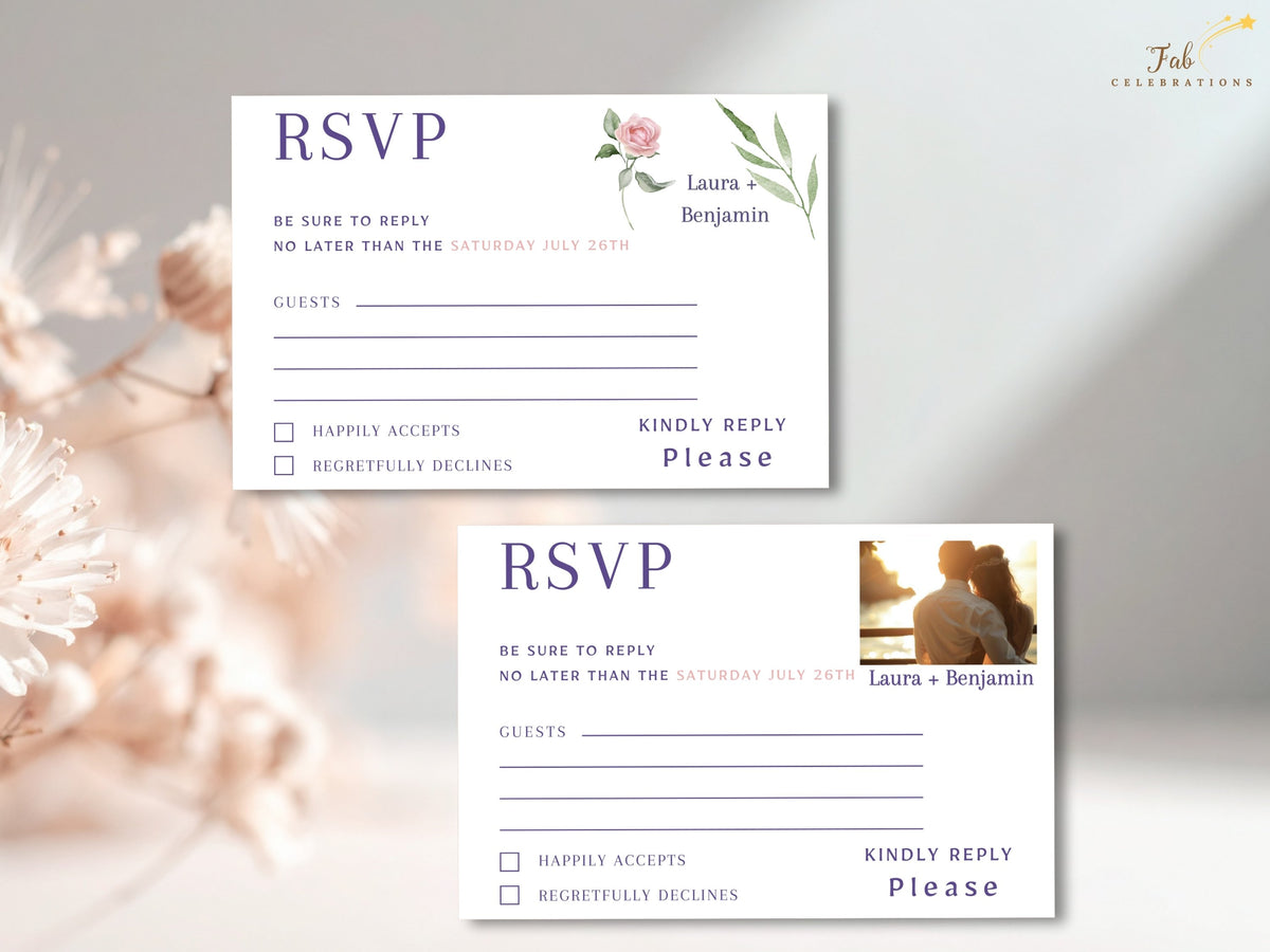 Two coordinated wedding RSVP cards displayed together, one with watercolor-inspired pink rose details and one with a replaceable photo area for adding your own couple photo.