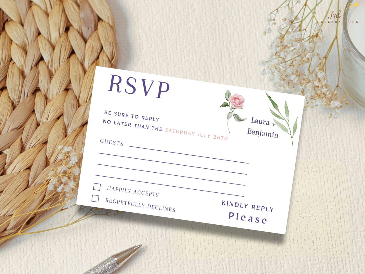 Wedding RSVP card featuring watercolor-inspired pink rose accents and green leaves with elegant purple lettering, guest response lines and clearly arranged attendance selections.