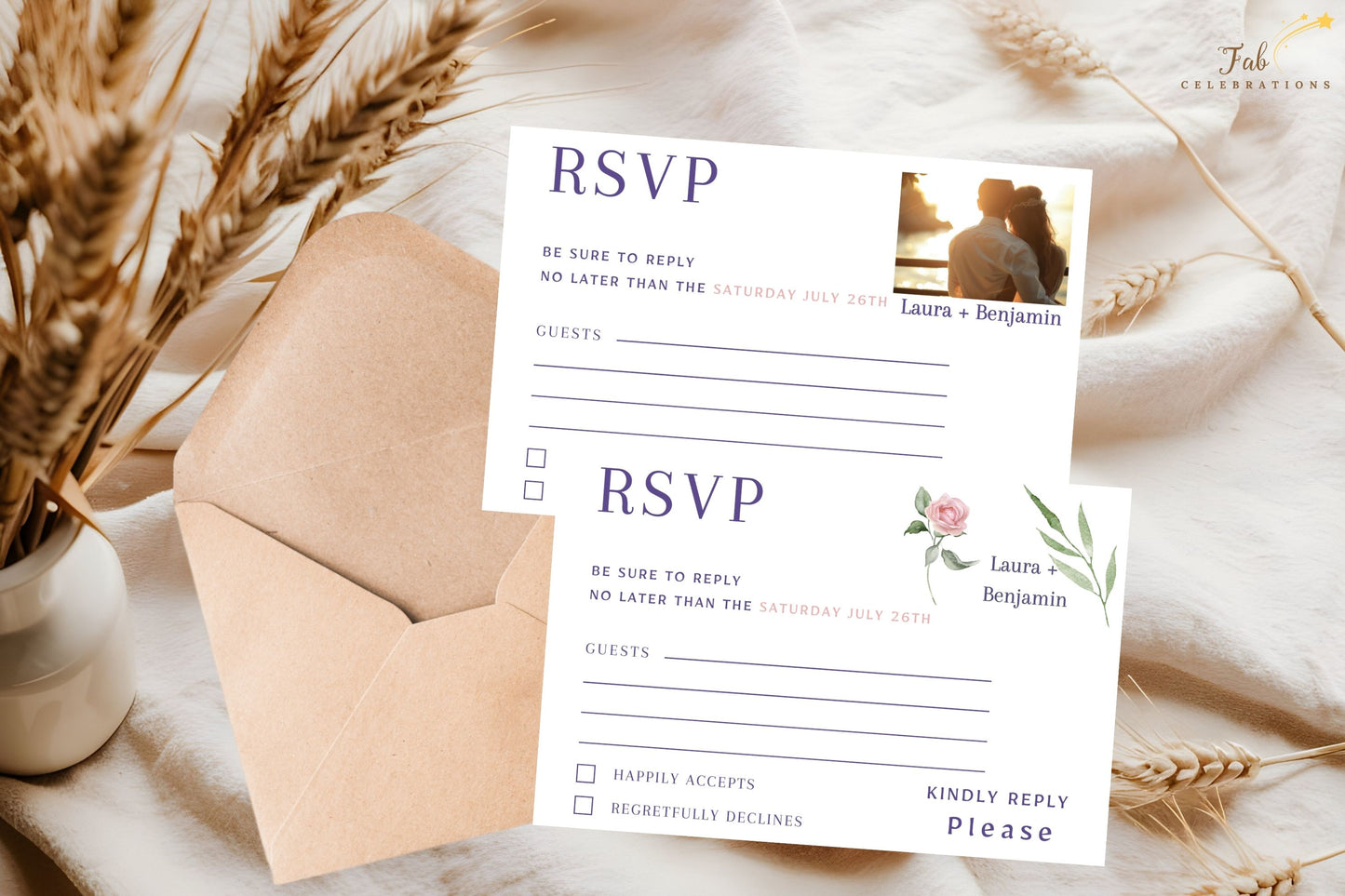 Wedding RSVP card template highlighting elegant pink roses — customizable design with sage greenery border perfect for boho chic wedding celebration responses.