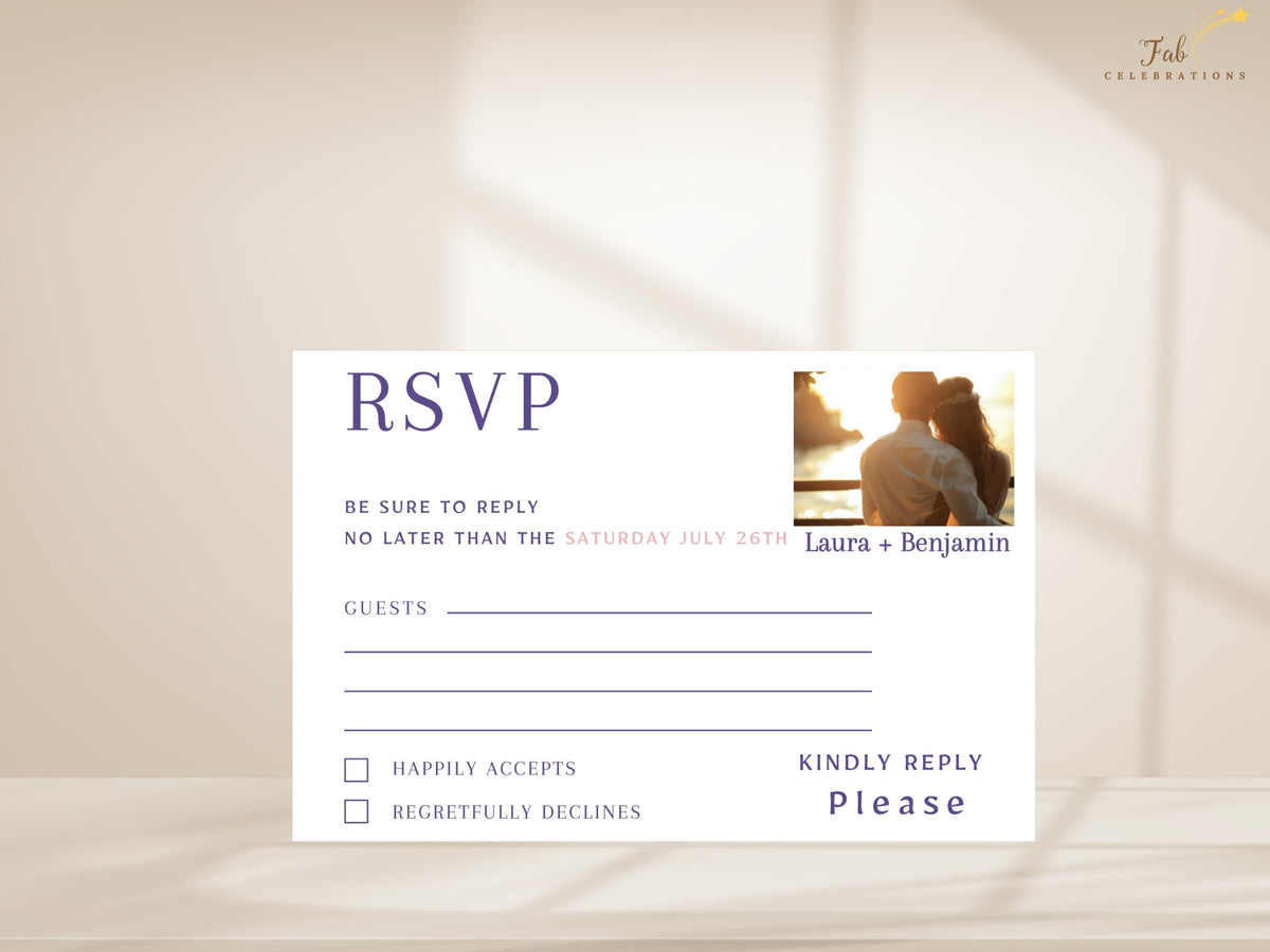 Personalized RSVP card with a replaceable photo area for adding your own couple image, elegant purple wedding typography, guest response lines and attendance checkboxes.