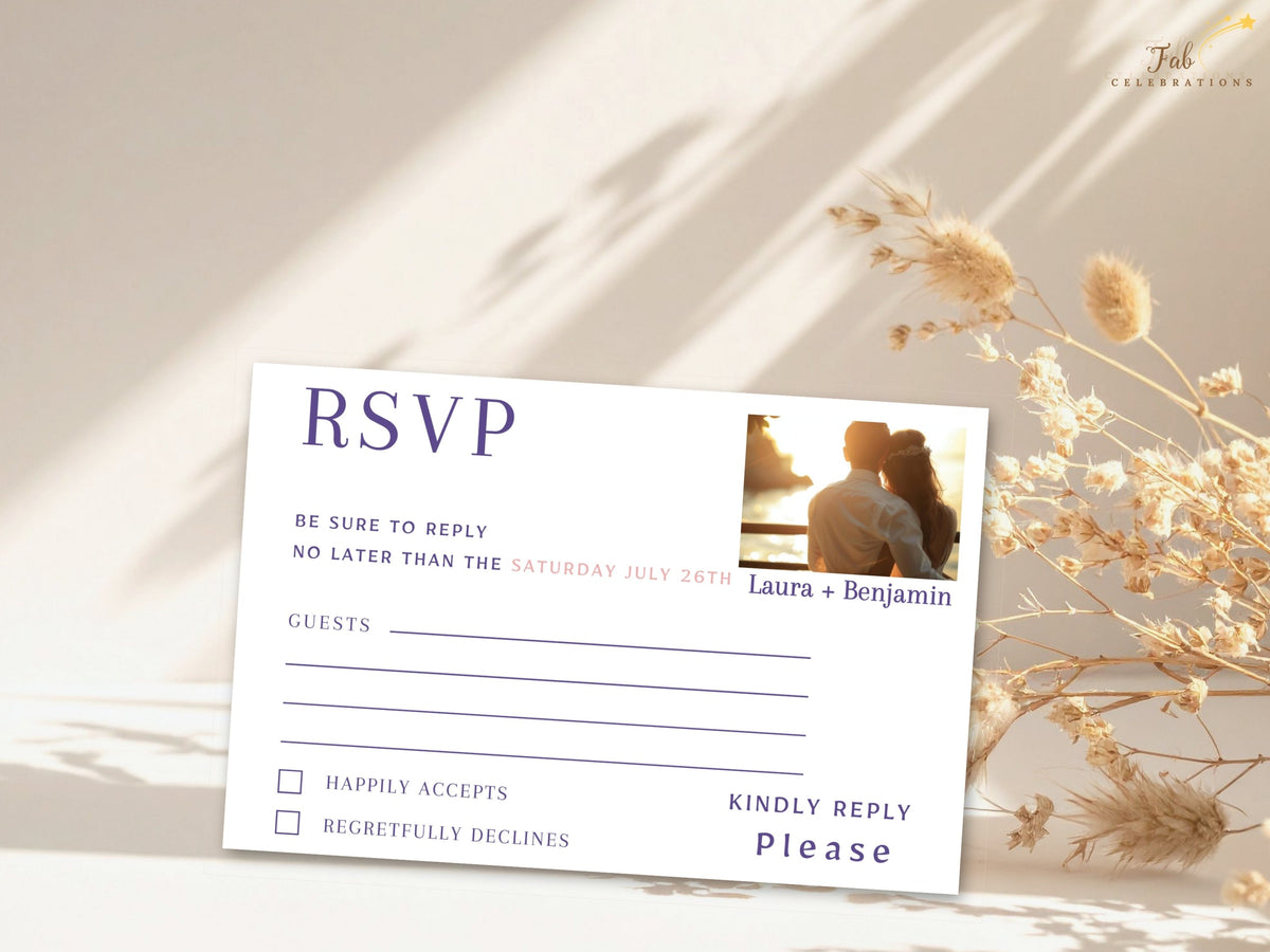 Wedding RSVP card with a replaceable photo area for adding your own couple photograph, elegant purple RSVP typography, response deadline, guest lines and attendance checkboxes.