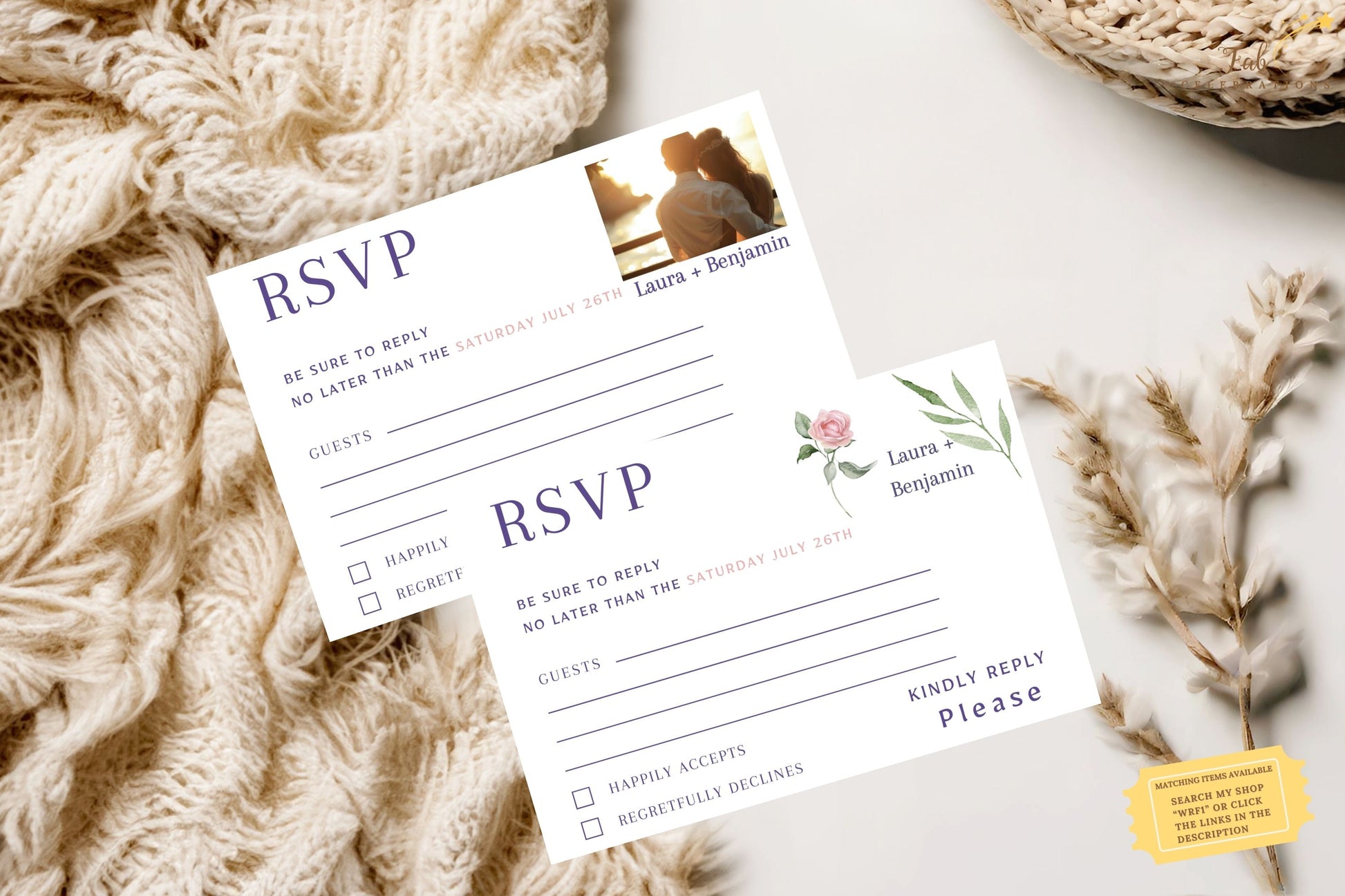 Wedding RSVP card template with pink roses and sage greenery — editable Canva design featuring romantic watercolor florals perfect for elegant wedding response collection.