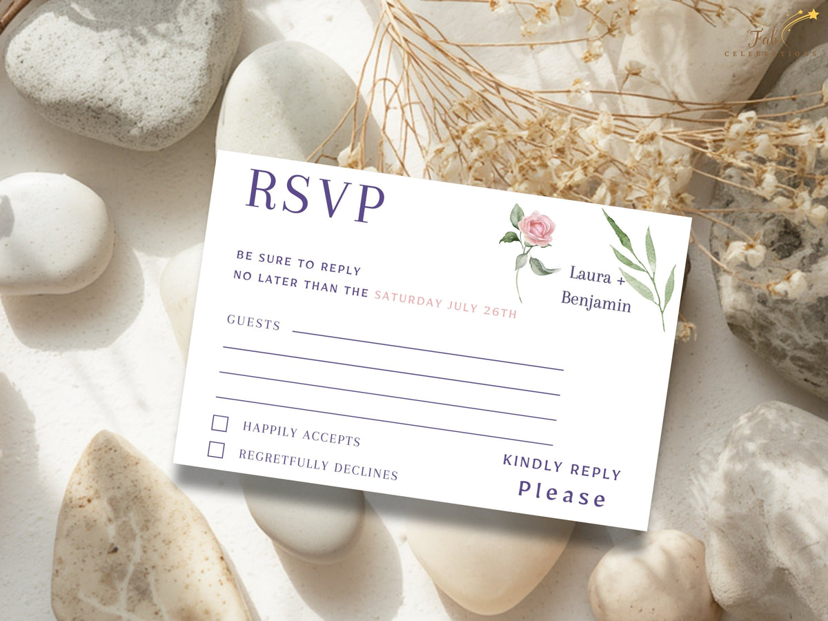 Editable wedding RSVP card featuring watercolor-inspired pink roses, green botanical accents, guest name lines, attendance checkboxes and elegant purple response typography.