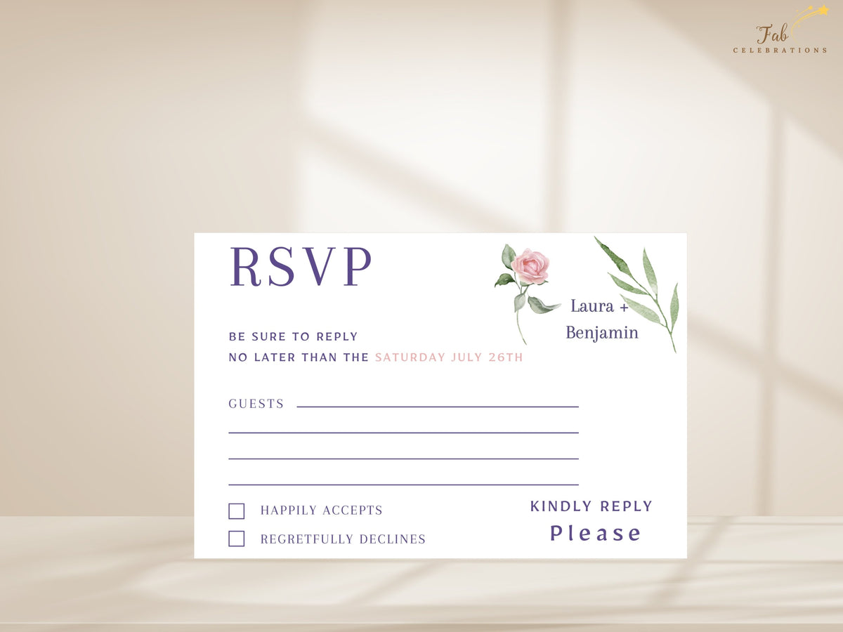 Editable RSVP card decorated with watercolor-inspired pink roses and delicate green foliage, featuring elegant purple typography, response lines and accept or decline selections.