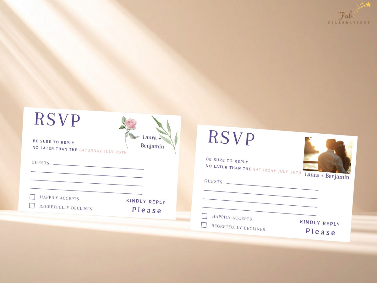 Two editable wedding RSVP card options presented together, including a watercolor-inspired floral design and a photo version with a replaceable area for adding your own couple photo.