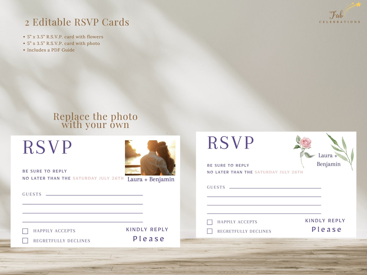 Two editable RSVP card designs shown together with response fields and watercolor-inspired pink rose accents, including a replaceable photo area that lets you add your own couple photo.