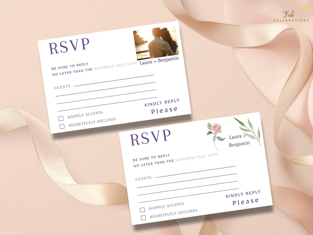 Wedding RSVP Card Template pair showing two coordinated response card designs, one with watercolor-inspired pink roses and green foliage and one with a replaceable photo area for adding your own couple photo.