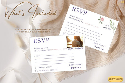 Wedding RSVP card template showcasing blush roses in delicate frame design — customizable Canva template ideal for collecting guest replies with romantic charm.