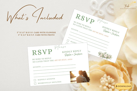Wedding RSVP cards editable in Canva, showcasing delicate floral artwork and a poetic boho design for your refined and romantic wedding day.