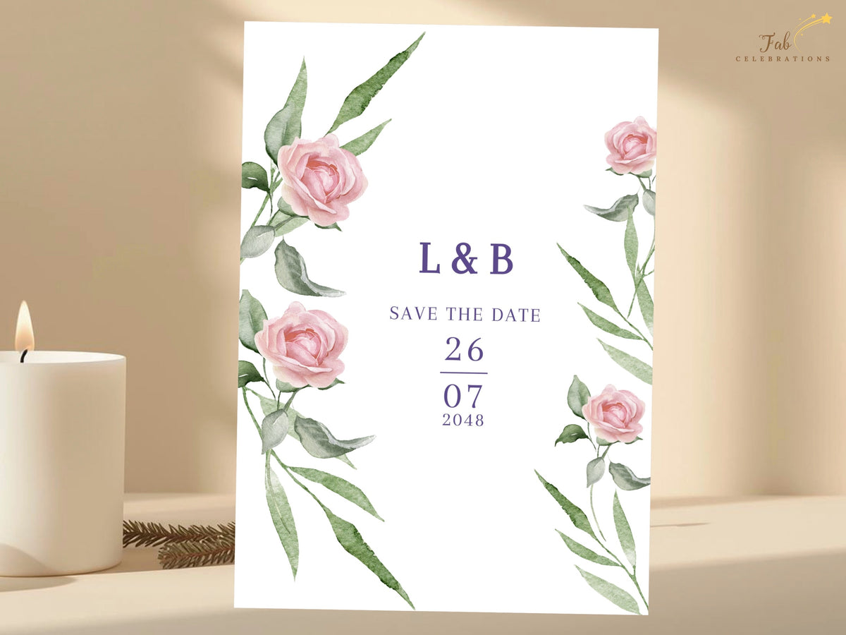Botanical save the date card featuring watercolor-inspired pink roses and slender green leaves surrounding refined purple typography for the couple's initials and wedding date.