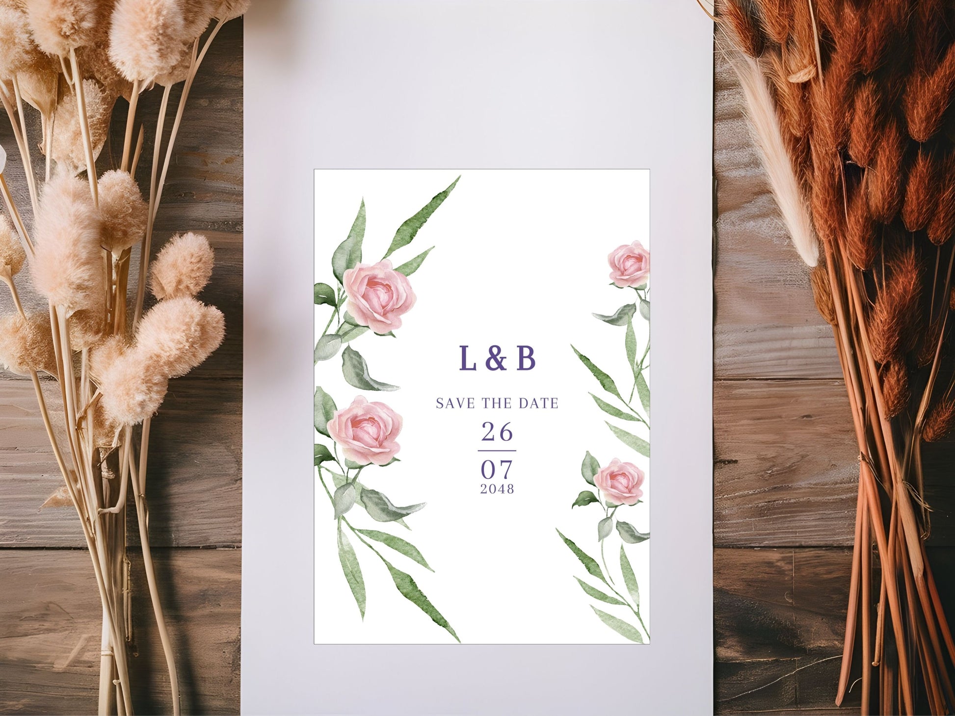 Romantic floral wedding save the date with watercolor roses and greenery accents — editable Canva template ideal for rustic chic and garden weddings.