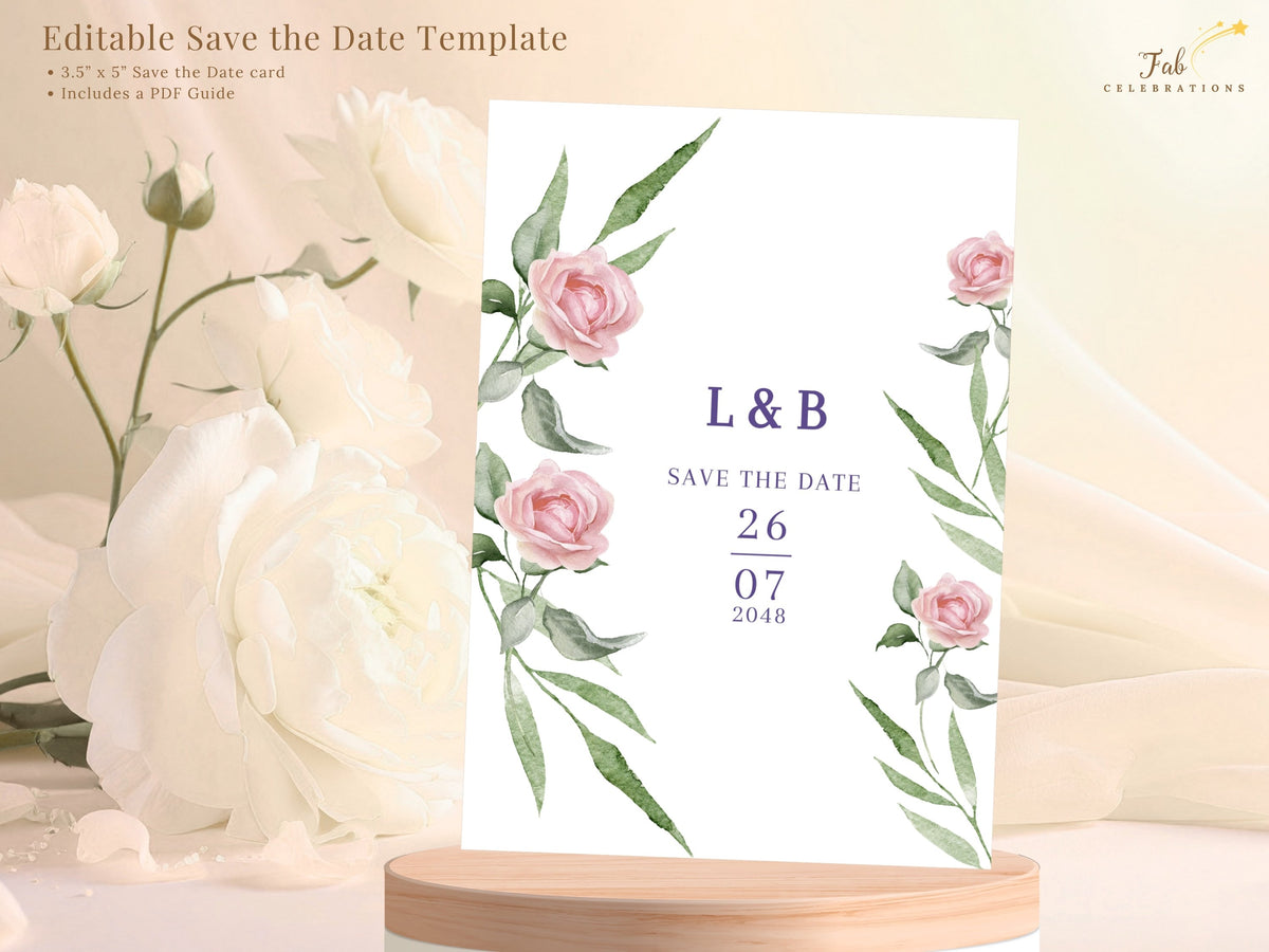 Editable wedding save the date template featuring watercolor-inspired pink roses and leafy green accents, with the couple's initials and wedding date arranged in refined purple typography.